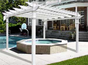 White Vinyl Square Pergola over Outdoor Hot Tub