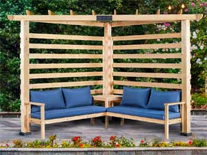 Endark Corner Pergola with Blue  Cushion Sofas, Privacy Walls and Overhead Shade - Cheaper than Laguna Corner Pergola